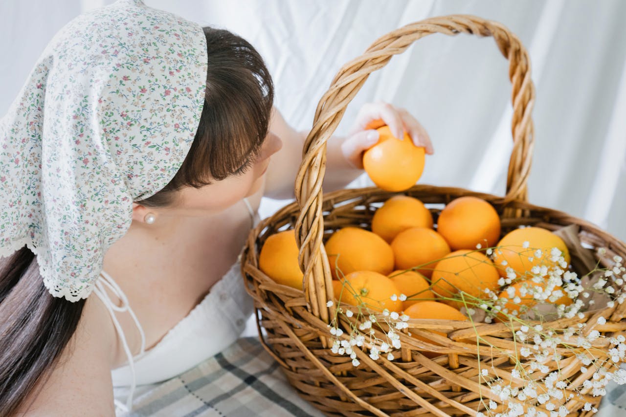 Girl with Summer Bandana and Oranges